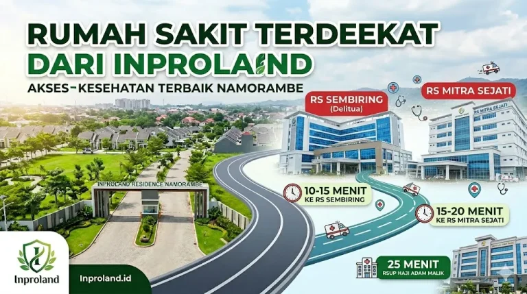 Gerbang utama perumahan strategis Inproland yang menampilkan akses jalan raya lebar menuju pusat kota.